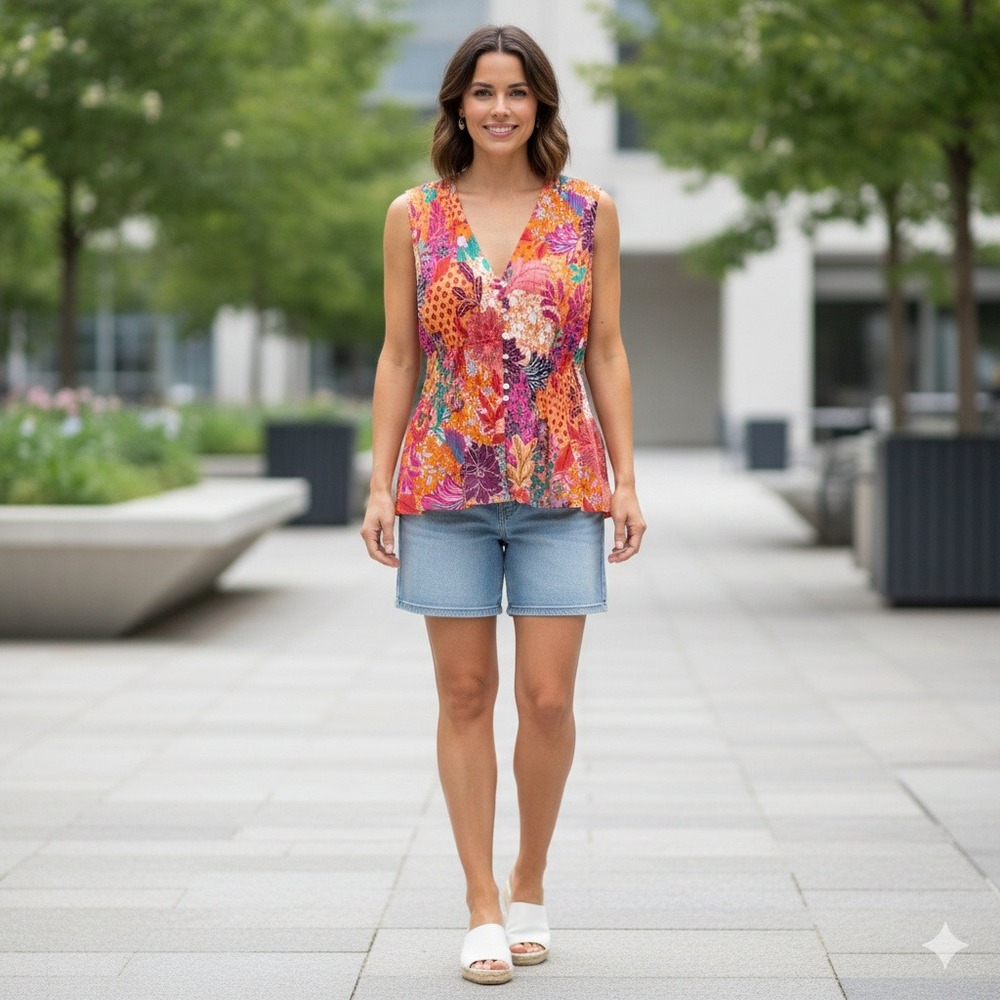 LOFT Mixed Floral Print Smocked Waist‎ V-Neck Sleeveless Peplum Blouse - Size L